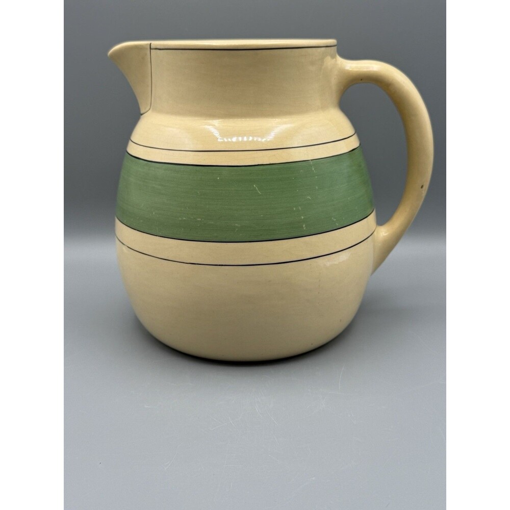 Antique Roseville Creamware Pitcher Green Band Utility Ware Rv Mark  1920’s